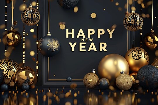 New year party invitations with gold ball and balloons with black background, with text Happy New Year, in the style of luxurious wall hangings.