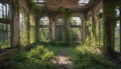 nature, abandoned, overgrown, destroyed, foliage, flora, resilience, sunlight, vines, moss, trees, process