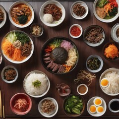 Korean, cuisine, kimchi, BBQ, fermented, vegetables, beef, rice, colorful, traditional, feast, spicy, marinade, wooden, metal