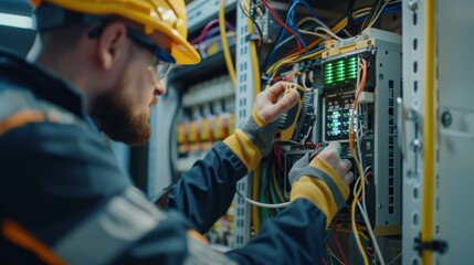 Fototapeta premium A skilled blue-collar worker dons his hard hat and workwear, expertly tending to the intricate machinery as an engineer and electrician in the indoor factory