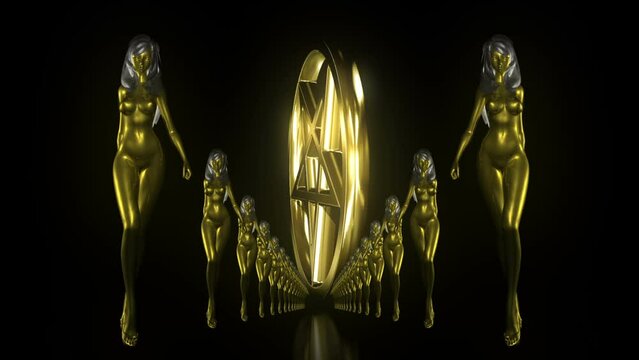 Glowing golden pentagram circle with walking 3D women on black background, occult ritual seamless VJ loop