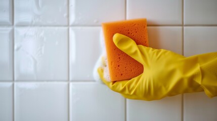 A person wearing an orange safety glove carefully washes the wall indoors with a yellow sponge, displaying a sense of responsibility and attention to detail