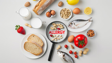 various common allergenic foods like nuts, eggs, fish, and milk, with a magnifying glass in the center highlighting the word 