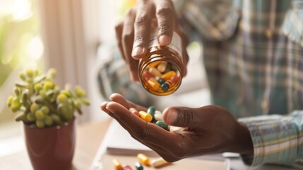 A somber person holds a vase of pills in their hand, preparing to consume the bittersweet nourishment that will bring both relief and discomfort - obrazy, fototapety, plakaty