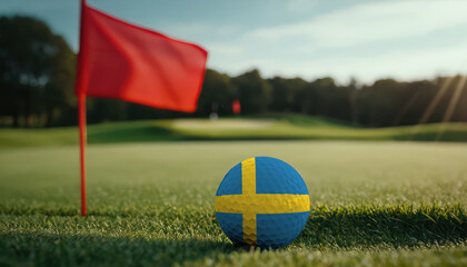 Golf ball with Sweden flag on green lawn or field, most popular sport in the world