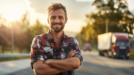 A confident man stands proudly, arms crossed, against the vast open sky as a car passes by on the street behind him, a smile lighting up his face - obrazy, fototapety, plakaty