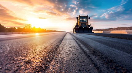 Fototapeta premium Asphalt Paver Machine on New Road at Sunset