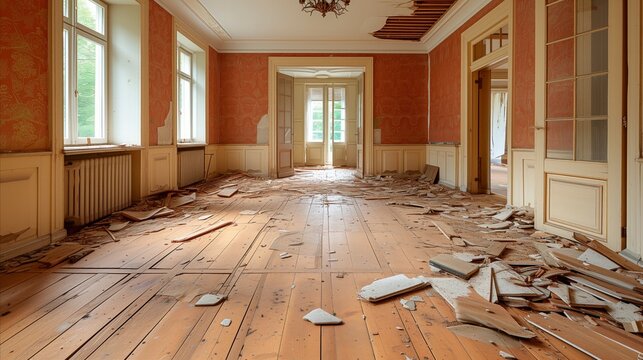 Abandoned vintage room with peeling paint and debris on wooden floor