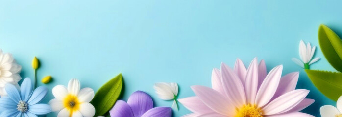 Banner with spring flowers on a blue background with free space