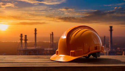 Construction helmet at the factory background.	