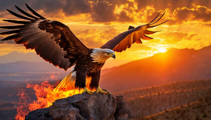 Eagle siting on stone in the sunset	
