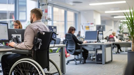Fototapeta premium A man in a wheelchair navigates the bustling office, his sharp suit contrasting with the sleek furniture as he types away at his computer while a woman stands by his side, the walls of the modern off