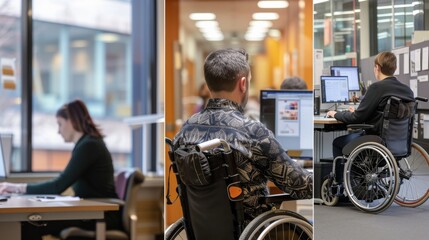 A diverse group of individuals, confined to their wheelchairs, work diligently in an indoor office space, each adorned in their unique clothing and utilizing their wheelchairs as makeshift desks and 