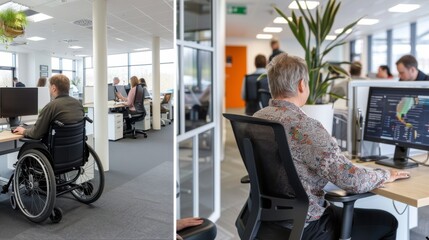A diverse group of individuals in an office setting, adorned in professional attire, working diligently at their computers while a woman in a wheelchair navigates through the modern furniture and dec - obrazy, fototapety, plakaty