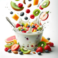 stream of flowing yogurt with pieces of fruits isolated on white background