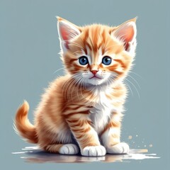 Obraz premium Cute ginger kitten, pastel colors, isolated flat cartoon illustration on a blue background. Illustration for children