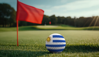 Golf ball with Uruguay flag on green lawn or field, most popular sport in the world