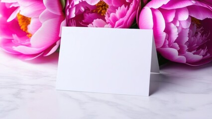 White sheet or card on a light table, surrounded by large pink peony flowers. Template for a congratulation or cover. Close-up, copy space