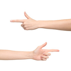 Female hand with natural nails points with finger isolated on transparent background, png file
