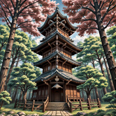 Japanese tower in woods