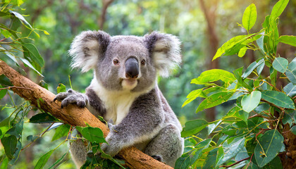 Fototapeta premium Koala bear sitting on a branch and eating leaves.