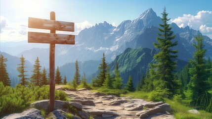 Empty directional signpost in majestic mountain landscape at sunrise