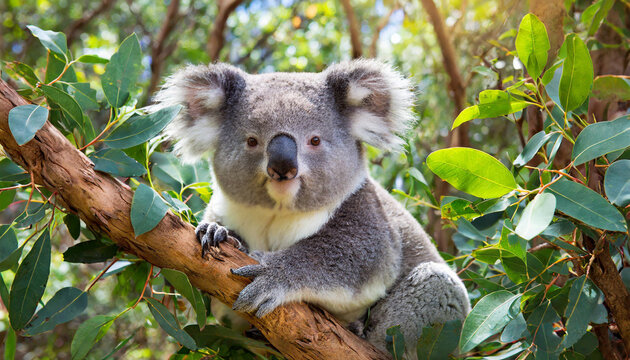 Koala bear sitting on a branch and eating leaves.	

