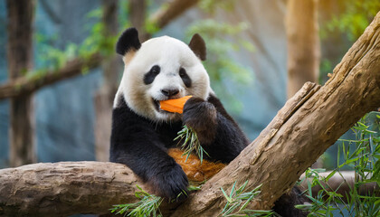 Fototapeta premium Cute panda on the branch eating carrot. 