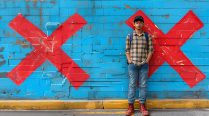 Young man standing against urban graffiti wall with bold red x pattern