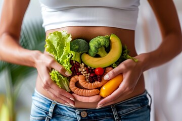 a person holding heathy foods over their stomach representing a healthy gut flora and probiotics  - obrazy, fototapety, plakaty