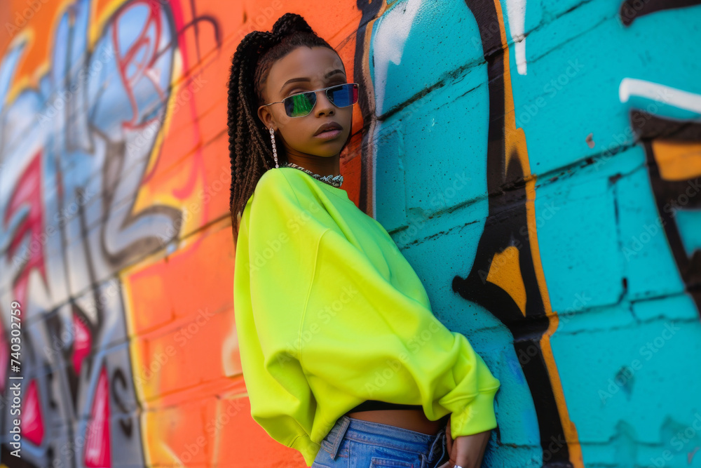 Wall mural Beautiful teen girl posing against urban graffiti wall with her neon crewneck sweatshirt. Teenager fashion. Mock up template for sweatshirt design