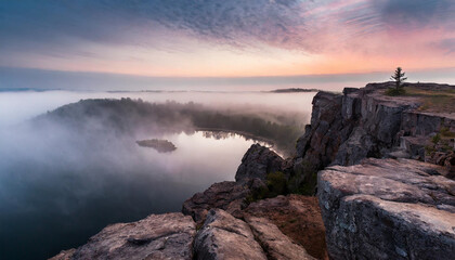 Obraz premium Landscape view on the rock in fog sunset with a ocean and mountains. 