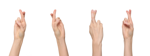 Female fingers crossed, one finger on top of another hoping for good luck, isolated on transparent background, png file