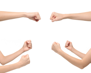 Female fists in a position of defense and attack isolated on transparent background, png file