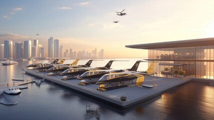 Luxury electric air taxis lined up ready for departure at high-tech vertical port, showcasing the convenience and efficiency of services