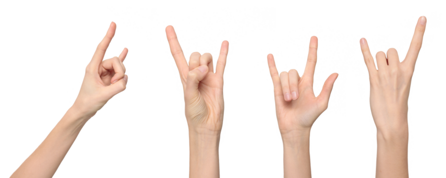 Female hand showing rock'n'roll gestures from different angles, isolated on transparent background, png file