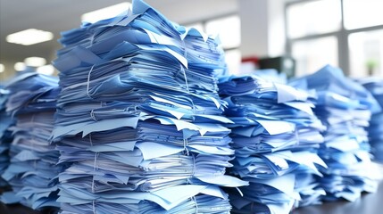 Massive piles of paperwork and documents in office setting