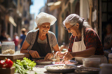 Two elderly women in aprons joyfully preparing food together in a street setting.