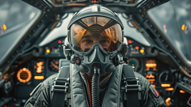 Portrait of the pilot with a futuristic full-face-covered helmet sitting in the futuristic cockpit.