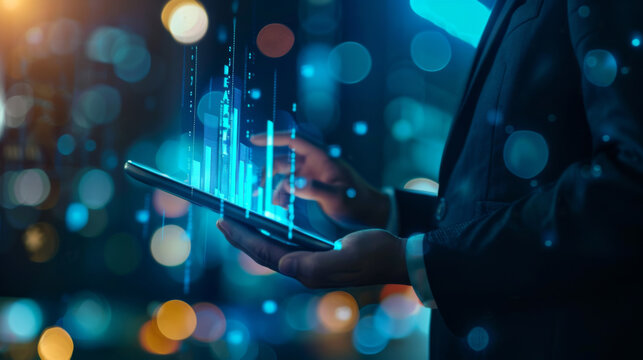 An IT professional is interacting with a server or data center hardware, pointing at a digital display with a background of illuminated network equipment.