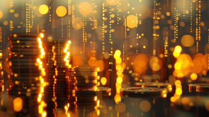 a blurred cityscape that appears to be a visual metaphor for the economy, with the bokeh lights creating an impression of golden skyscrapers against the evening sky.
