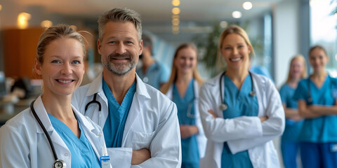 Cheerful healthcare professionals posing in a bright clinic lobby with a friendly demeanor