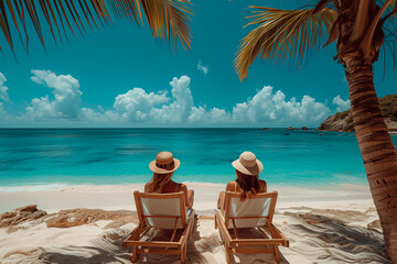 Two women relaxing on beach chairs, enjoying a serene tropical beach view