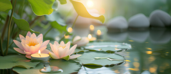 Blooming lotos background with lit candles for beauty spa salon banner. Beautiful water lilies with floating leaves in calm water. Lotos flowers background for Spa template - obrazy, fototapety, plakaty