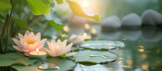 Rollo Schönheitssalon Blooming lotos background with lit candles for beauty spa salon banner. Beautiful water lilies with floating leaves in calm water. Lotos flowers background for Spa template