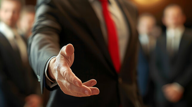 A close-up of a businessman's outstretched hand in a greeting or offer gesture, with blurred figures in business attire in the background, symbolizing a professional meeting or agreement.