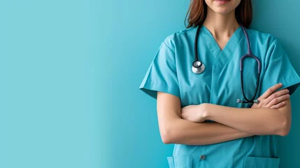 Fotobehang Buste d'une jeune infirmière en tenue bleue sur fond turquoise » IA générative © Maelgoa