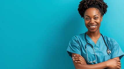 Jeune sage femme noire souriante sur fond turquoise » IA générative