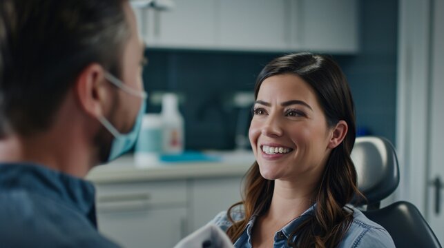 Une patiente souriante chez un chirurgien dentiste &raquo; IA g&eacute;n&eacute;rative