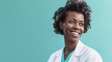 Jeune infirmière noire en tenue blanche sur fond turquoise » IA générative